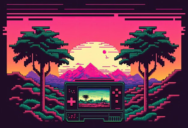 Pixel art old video game console in landscape background in retro style for 8 bit game AI