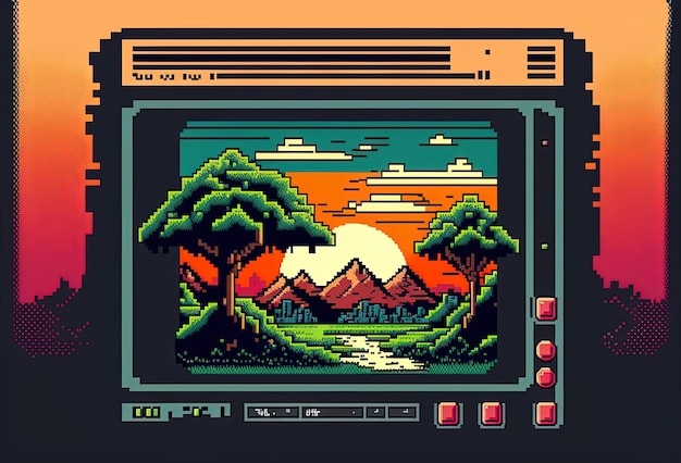 Pixel art old video game console in landscape background in retro style for 8 bit game AI