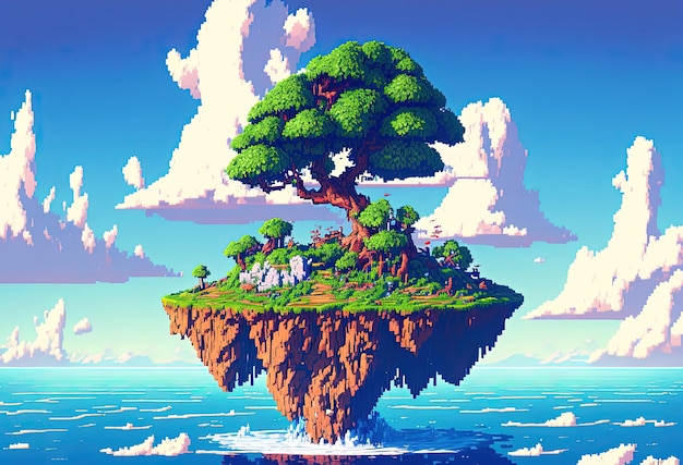 Pixel art of paradise island floating in the sky background in retro style for 8 bit game AI