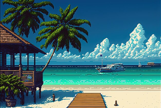 Photo pixel art paradise island resort beach bungalow landscape in retro style for 8 bit game ai