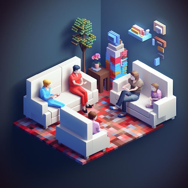 Photo pixel art of people talking in the room