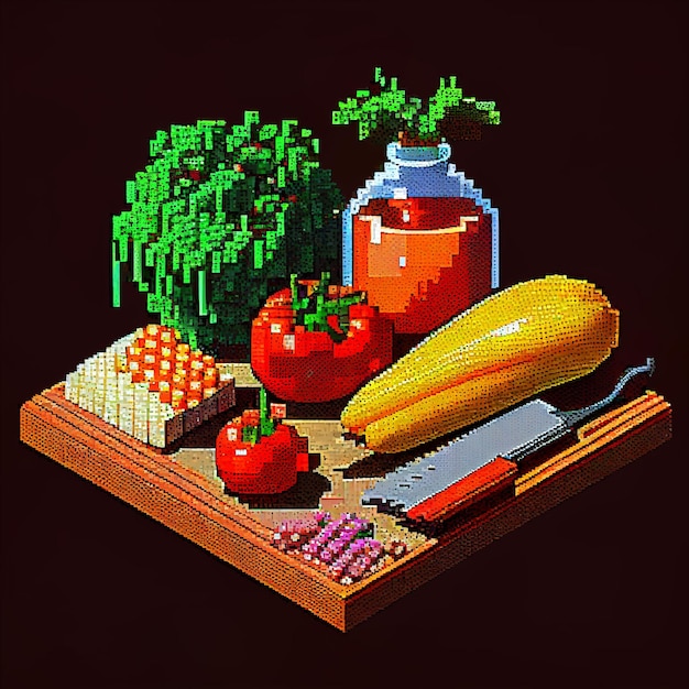 A pixel art picture of tomatoes, tomatoes, and cheese on a cutting board.