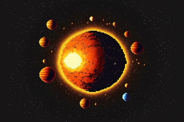 Pixel art planetary system background in retro style for 8 bit game Generative AI