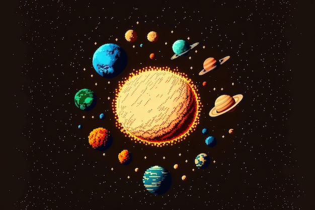 Pixel art planetary system background in retro style for 8 bit game Generative AI