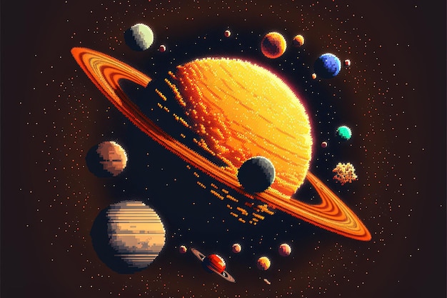 Pixel art planetary system background in retro style for 8 bit game Generative AI