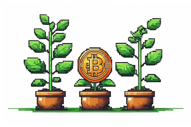 Foto pixel art pianta bitcoin crescita criptovalute icona vettoriale per gioco 8bit su sfondo bianco