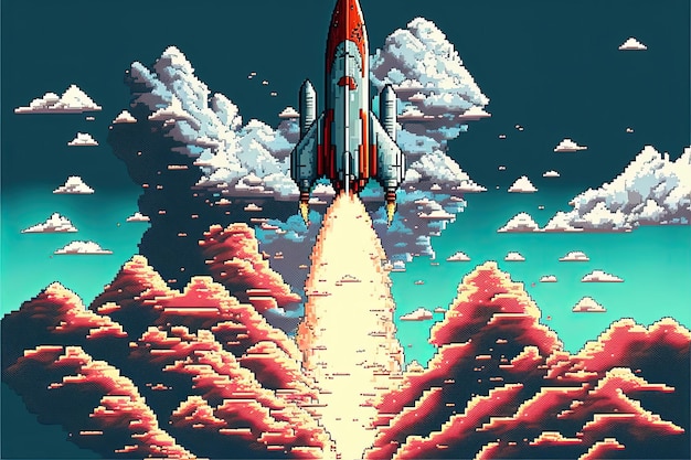 Pixel art raket die opstijgt in de lucht met wolken achtergrond in retro stijl voor 8 bit game AI