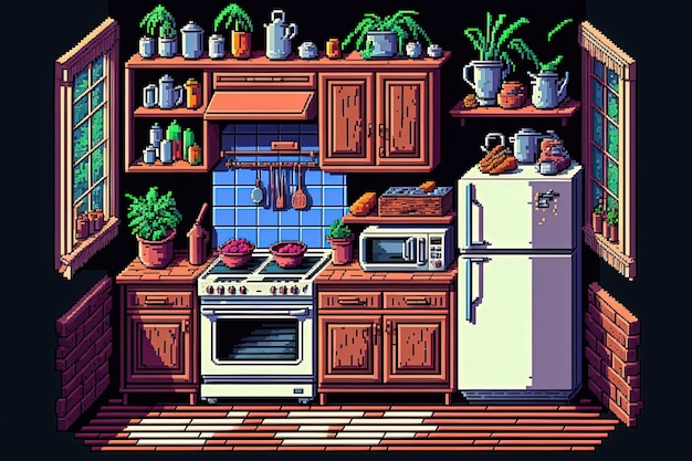 Pixel art retro keuken weergave oude keuken achtergrond in retro stijl voor 8 bit spel Generatieve AI