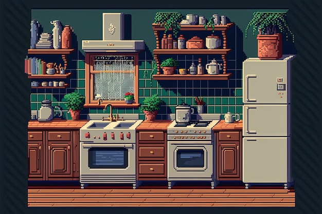 Pixel art retro kitchen view old kitchen background in retro style for 8 bit game Generative AI