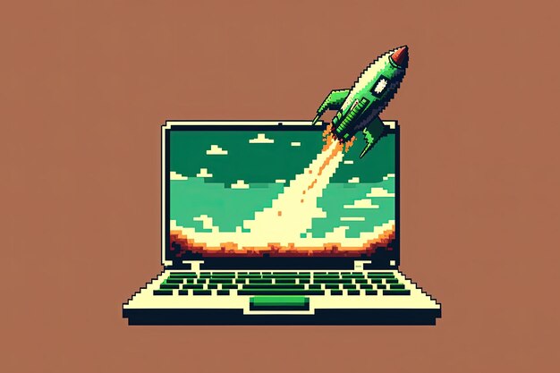 Pixel art rocket flying from laptop startup concept background in retro style for 8 bit game AI