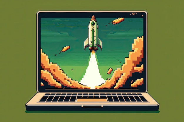 Pixel art rocket flying from laptop startup concept background in retro style for 8 bit game AI