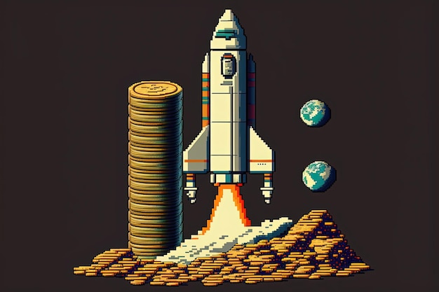 Pixel art rocket and stack of coins startup concept background in retro style for 8 bit game AI