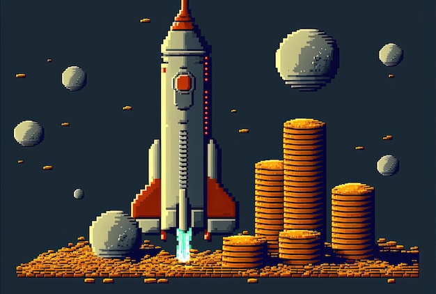 Pixel art rocket and stack of coins startup concept background in retro style for 8 bit game AI