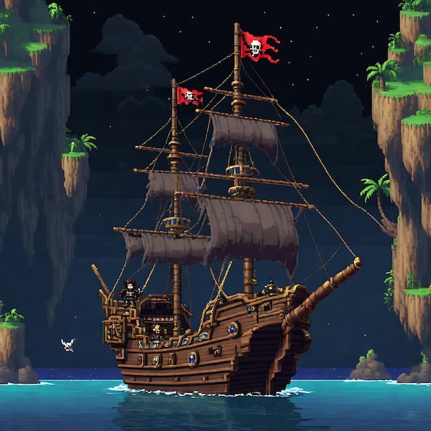 A pixel art screenshot of a pirate ship adventure game