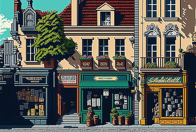 Pixel art shops in european shopping street old european shops background 8 bit game ai