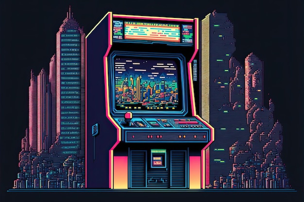 Pixel art slot machine arcade with city background in retro style for 8 bit game Generative AI