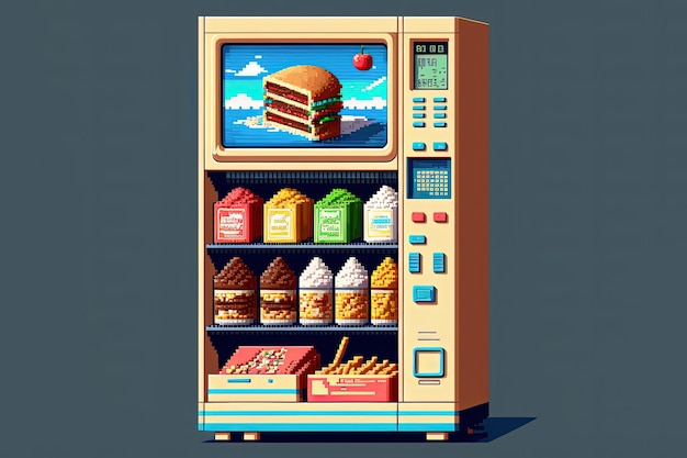 Pixel art snack machine antieke food machine achtergrond in retro stijl voor 8 bit game AI