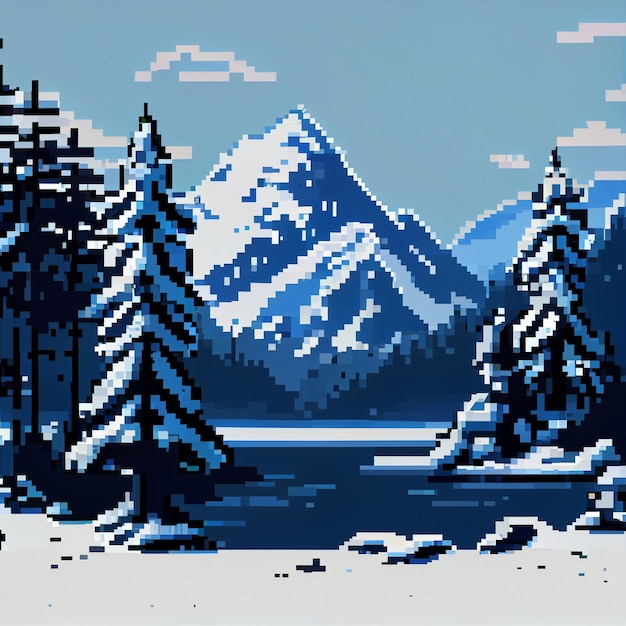 Photo a pixel art of a snowy mountain scene with a snowy landscape and trees.