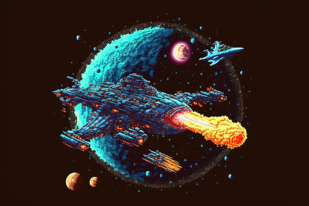 Pixel art of spaceship flying over planets background in retro style for 8 bit game AI