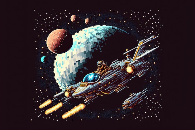 Pixel art of spaceship flying over planets background in retro style for 8 bit game AI