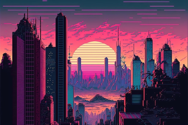 Pixel art stad in vaporwave stijl achtergrond in retro stijl voor 8 bit spel Generatieve AI