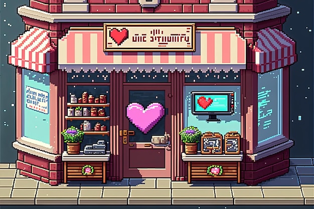 Pixel art store front facade with valentine's decor background in retro style for 8 bit game AI