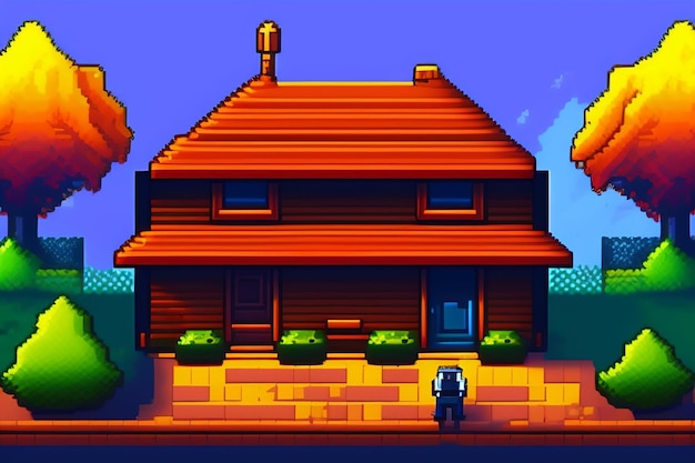 A pixel art style house with a tree in the background.