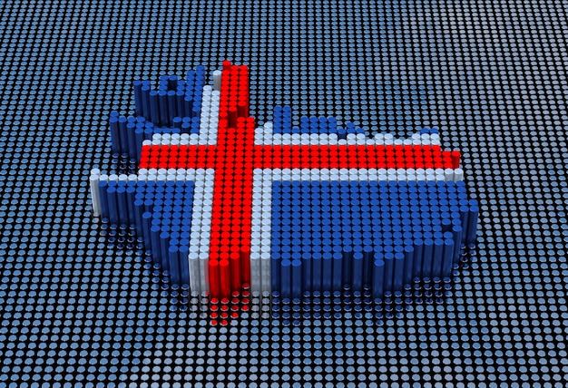 Pixel Art Style IJsland kaart met IJsland vlag kleuren. 3D-rendering