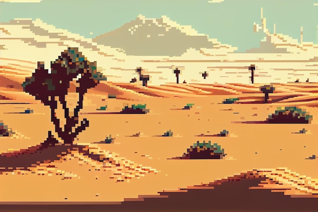 A pixel art style image of a desert with trees in the foreground.