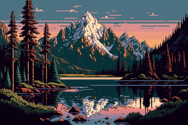 A pixel art style image of a mountain and a lake with a mountain in the background.