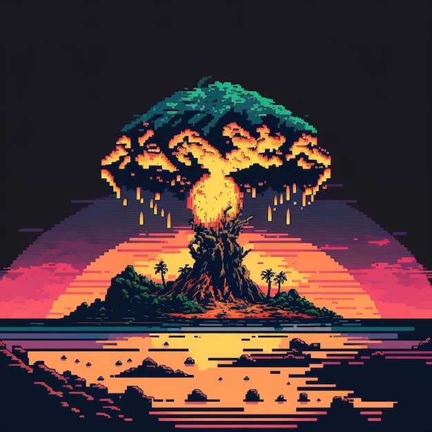 A pixel art style image of a nuclear explosion with a island in the middle.