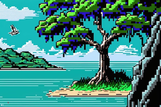 A pixel art style image of a tree on a small island.