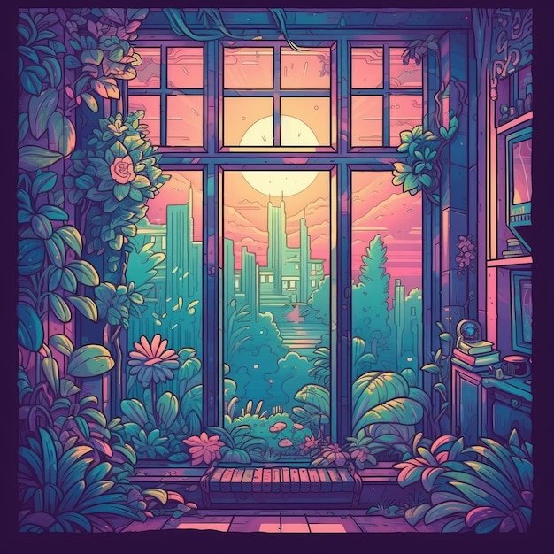 Pixel art style of kawaii lofi window garden