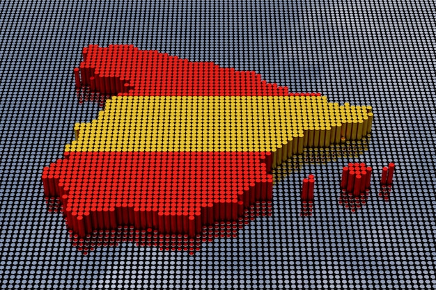 Карта Испании в стиле пиксель-арт с цветами флага Испании. 3d рендеринг