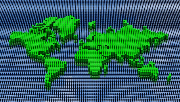 ピクセルアートスタイルの世界地図。 3Dレンダリング