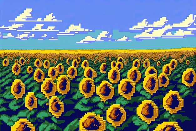 Pixel art sunflower plantation flower field background in retro style for 8 bit game ai