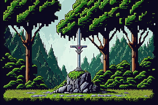 Пиксельный меч застрял в камне в лесу на фоне меча экскалибура для 8-битной игры AI