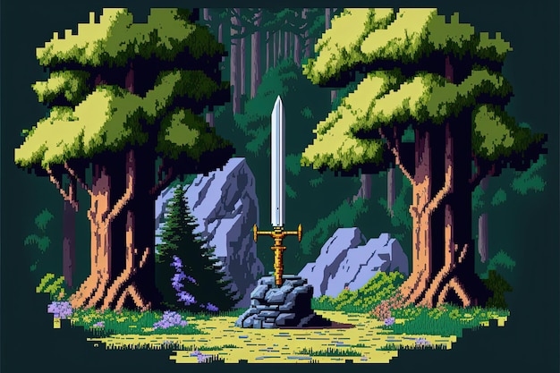 Пиксельный меч застрял в камне в лесу на фоне меча экскалибура для 8-битной игры AI