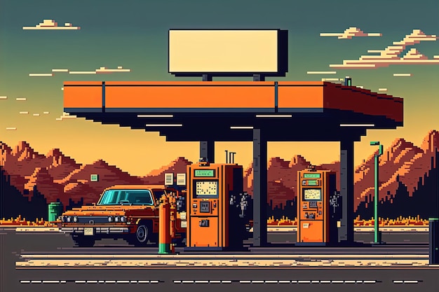 Pixel art tankstation op de achtergrond van de weg in retro stijl voor 8-bit spel Generatieve AI