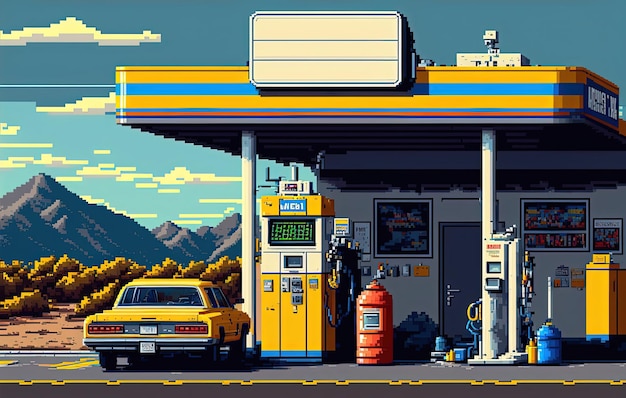 Pixel art tankstation op de achtergrond van de weg in retro stijl voor 8-bit spel Generatieve AI