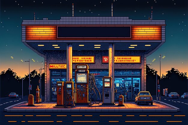 Pixel art tankstation op de achtergrond van de weg in retro stijl voor 8-bit spel Generatieve AI