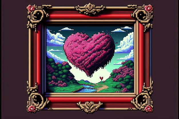 Pixel art valentine's day frame with heart background in retro and 8 bit style Generative AI