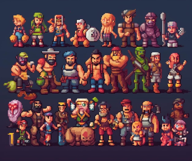 Pixel art of video game characters