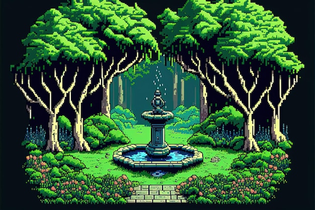 Pixel art water well in fantasy forest wishing well background in retro style for 8 bit game AI