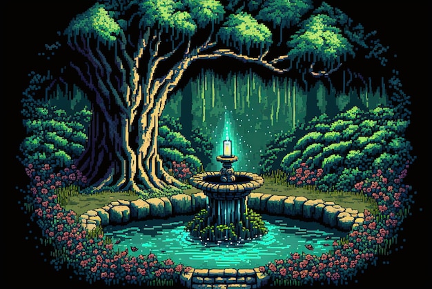 Pixel art waterput in fantasy bos wensen put achtergrond in retro stijl voor 8 bit game AI