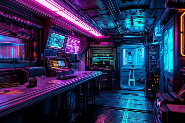 Pixel art weergave van het interieur van een ruimtestation verlicht door neonlicht in