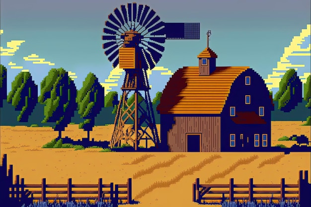 Premium AI Image | Pixel art wheat farm with mill and house background ...