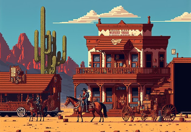 Pixel art wild west town building wild west city background in retro style for 8 bit game AI