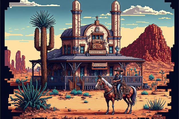 Pixel art wild west town building wild west city background in retro style for 8 bit game AI