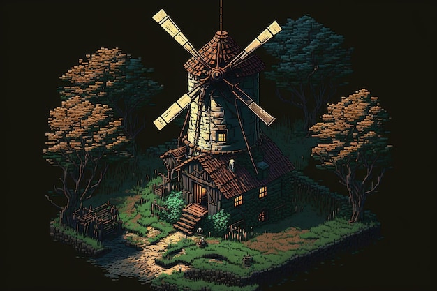 A pixel art of a windmill in a dark scene